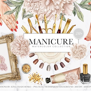 Watercolor manicure golden supplies clipart. Manicure pedicure tools clipart. Nails business salon logo DIY creator. Nail artist clipart set