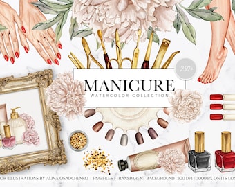 Watercolor manicure golden supplies clipart. Manicure pedicure tools clipart. Nails business salon logo DIY creator. Nail artist clipart set