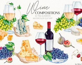 Watercolor wine & cheese compositions clipart Red white wine grapes Restaurant drink menu logo printable clip art Wine tasting invitation