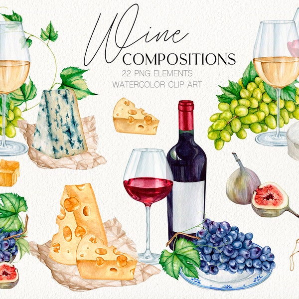 Watercolor wine & cheese compositions clipart Red white wine grapes Restaurant drink menu logo printable clip art Wine tasting invitation