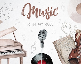 Clipart de instrumentos musicais em aquarela. Arte de clipe de música vintage. Clip Art de música em aquarela, ilustrações musicais Nota musical