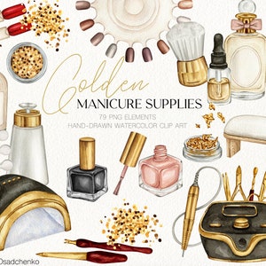 Watercolor manicure golden supplies clipart. Manicure pedicure tools clipart. Nails business salon logo DIY creator. Nail artist clipart set