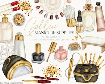 Watercolor manicure golden supplies clipart. Manicure pedicure tools clipart. Nails business salon logo DIY creator. Nail artist clipart set