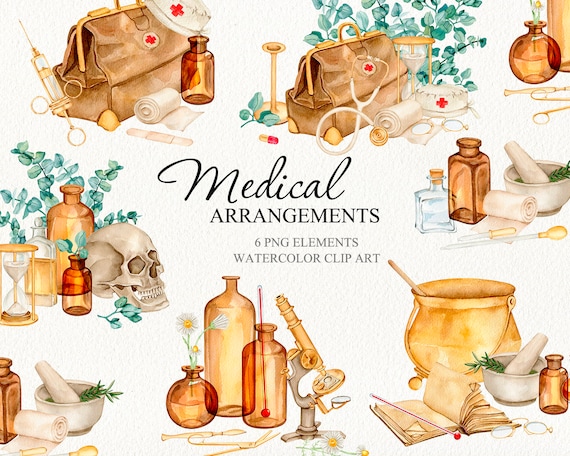 Watercolor vintage medical clipart Medical arrangements Nurse Doctor medicine clipart scrapbook album DIY creator Planner stickers