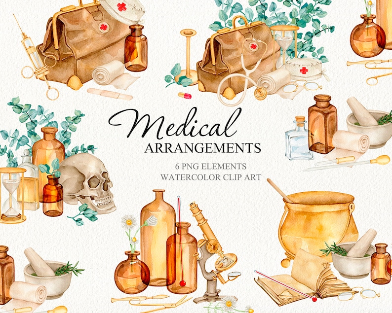 May include: Watercolor illustrations of medical supplies and equipment, including a skull, a mortar and pestle, a cauldron, a microscope, a doctor's bag, and various bottles and jars. The illustrations are in a vintage style and are perfect for use in scrapbooking, card making, or other craft projects.