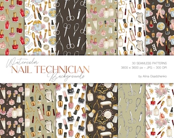 Watercolor nail technician digital paper pack for scrapbooking. Manicure pedicure seamless patterns. Watercolor backgrounds for nail artists