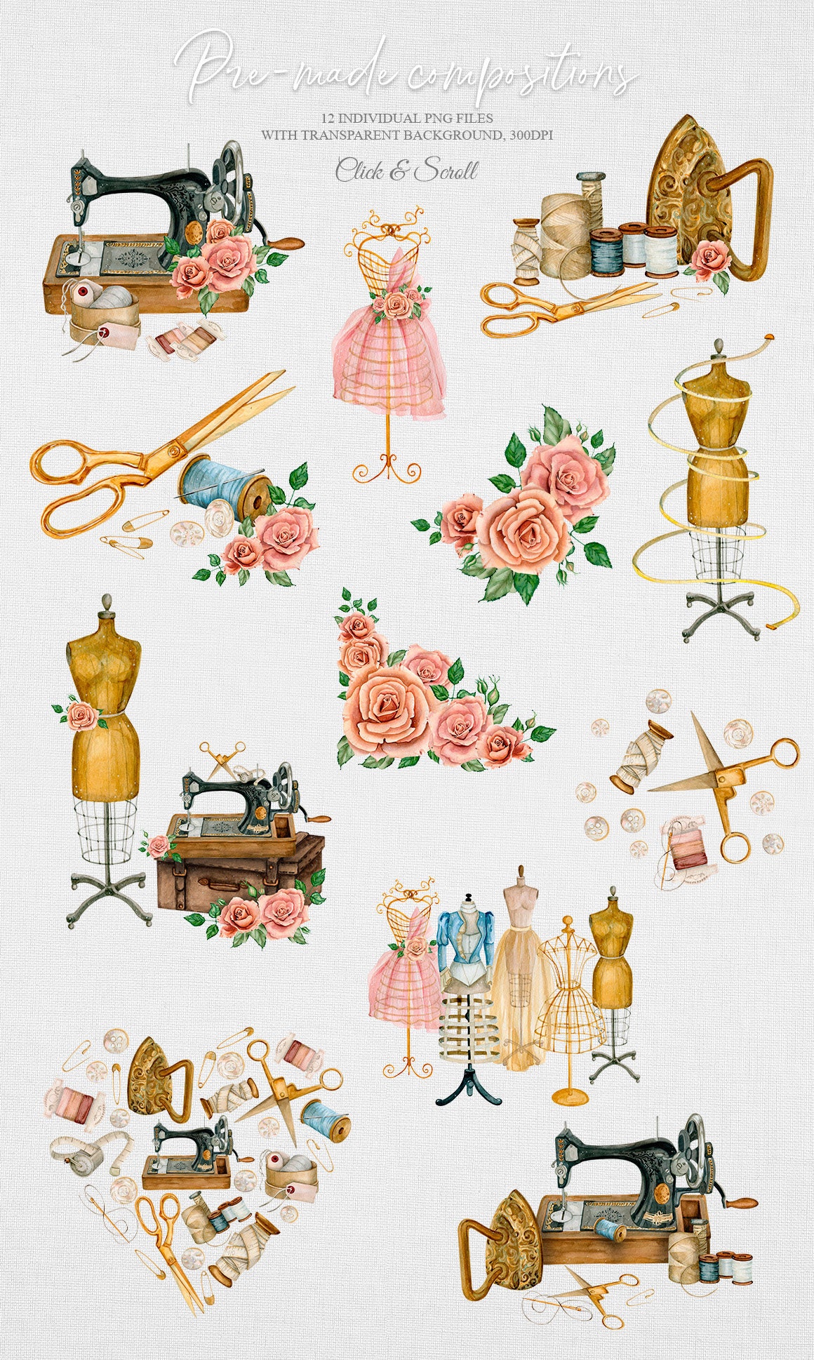Watercolor Vintage Sewing Kit Clip Art Knitting Embroidery Sewing Sewing  Stock Illustration by ©dovgalyuk86 #371190190