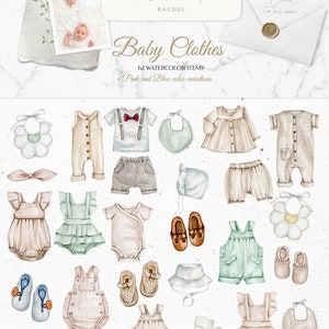 Op de afbeelding: Waterverf illustraties van babykleding in roze en blauwe kleurvariaties. De illustraties omvatten rompers, jurken, overalls, hoeden, schoenen en slabben. De tekst "Baby Clothes" en "62 Watercolor Items" is opgenomen in de afbeelding.