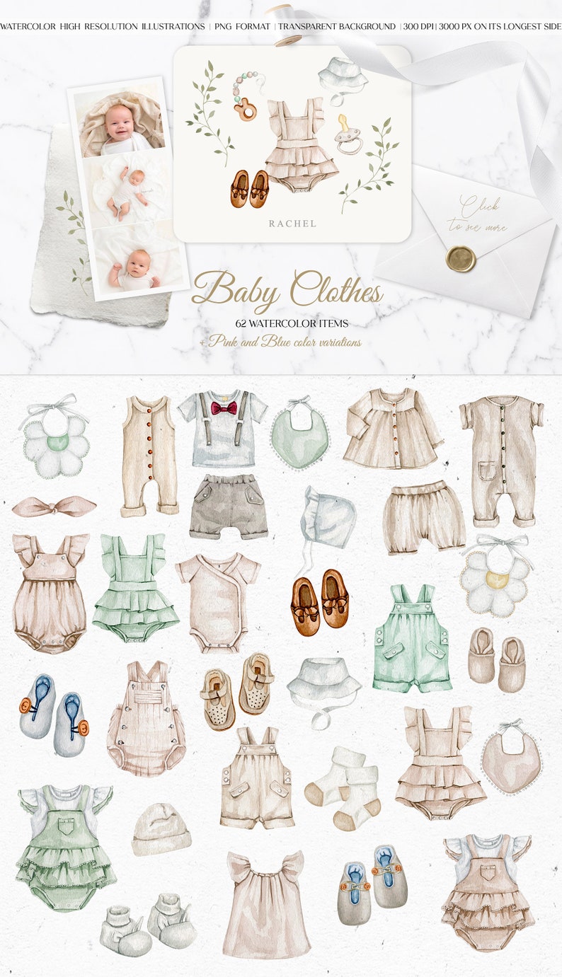 Op de afbeelding: Waterverf illustraties van babykleding in roze en blauwe kleurvariaties. De illustraties omvatten rompers, jurken, overalls, hoeden, schoenen en slabben. De tekst "Baby Clothes" en "62 Watercolor Items" is opgenomen in de afbeelding.