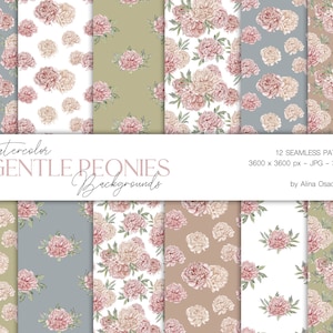Aquarel romantische pioenroos bloemen digitaal papierpakket voor scrapbooking. Zachte zomer naadloze bloempatronen. Pastelkleurig bloemen digitaal papier