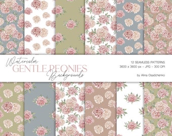 Watercolor romantic peony flowers digital paper pack for scrapbooking. Gentle summer floral seamless patterns. Pastel floral digital paper