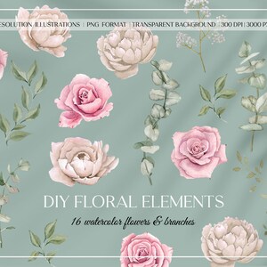 Op de afbeelding: Een set van 16 aquarelbloemelementen, waaronder roze rozen, witte pioenen en eucalyptus takken. DIY FLORAL ELEMENTS 16 aquarel bloemen & takken