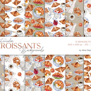 Watercolor croissant digital paper pack for scrapbooking. Food illustration seamless patterns. Home bakery paper pack. Croissants breakfast