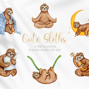 Watercolor Tropical Cute Sloths. Animal Clipart. Sleepy Sloths. Baby shower, nursery poster, DIY, PNG files, scrapbooking set, sticker pack