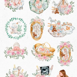 Op de afbeelding: Een set van 17 aquarel illustraties met een baby in verschillende poses en settings. De illustraties bevatten een baby in een mand, een slapende baby in een tent, een baby met ouders en een baby met een teddybeer. De illustraties zijn perfect voor het maken van baby shower uitnodigingen, kaarten of andere baby-gerelateerde projecten.