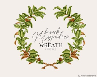 Watercolor green twig wreath clipart magnolia leaves wreath Greenery wreath clipart logo png Wedding DIY invitation clipart