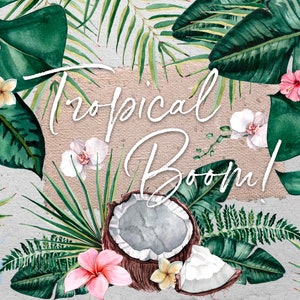 Watercolor tropical fruits and flower arrangements clipart illustration. Wedding & Birthday invitation creator. Exotic fruit flower clipart