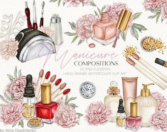 Watercolor manicure pedicure compositions clipart Manicure salon clipart Nail business logo DIY creator Nail artist clipart set