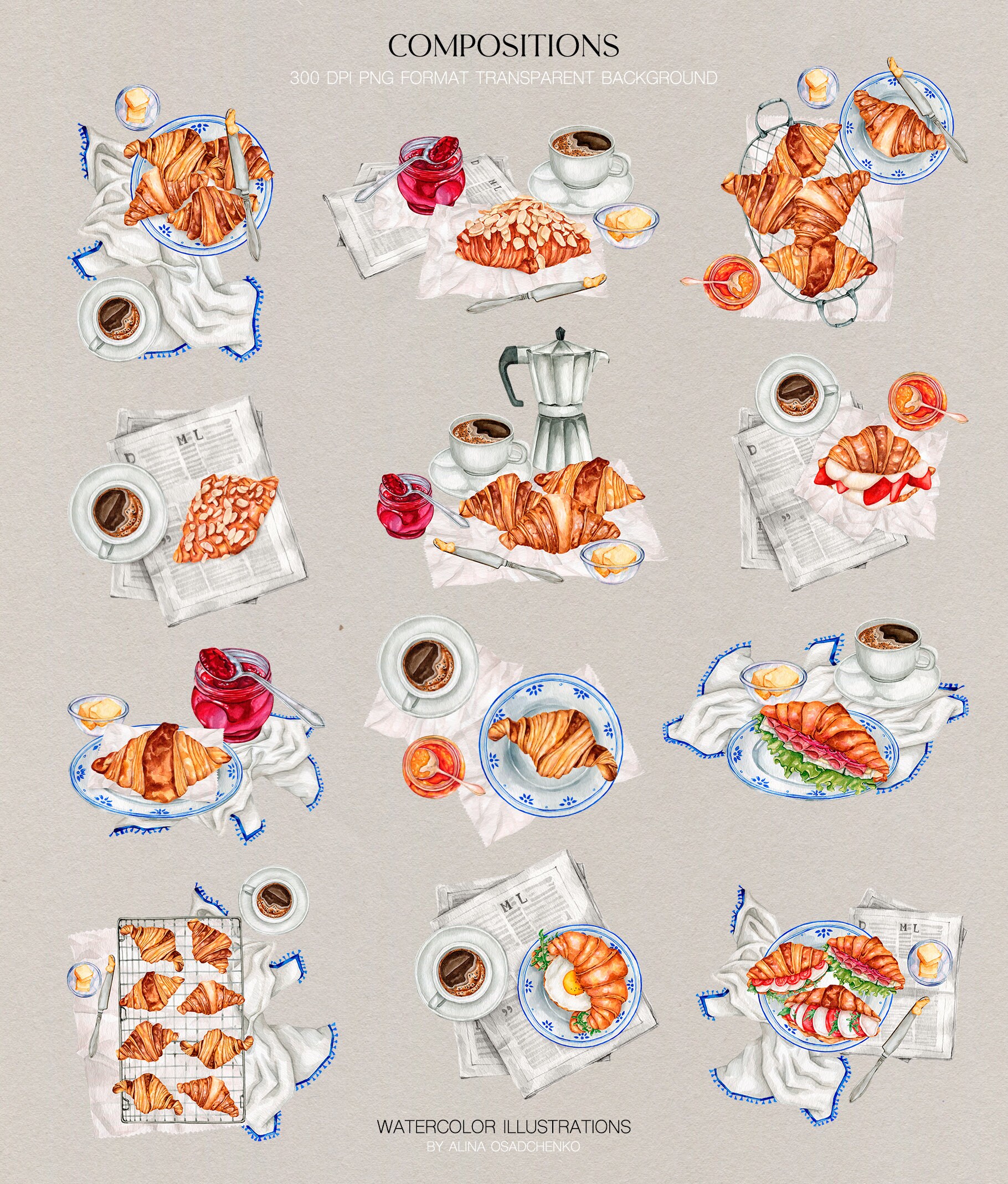 Watercolor Breakfast Croissants Clipart Collection. Sweet Croissant ...