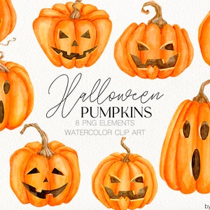 Watercolor Halloween spooky pumpkin faces clipart Halloween scary pumpkins clipart DIY Scrapbooking Halloween decorative Jack-o&#39;-lanterns