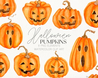 Aquarell Halloween Grusel Kürbis Gesichter Clipart Halloween gruselige Kürbise Clipart DIY Scrapbooking Halloween deko Jack-o'-Windlichter