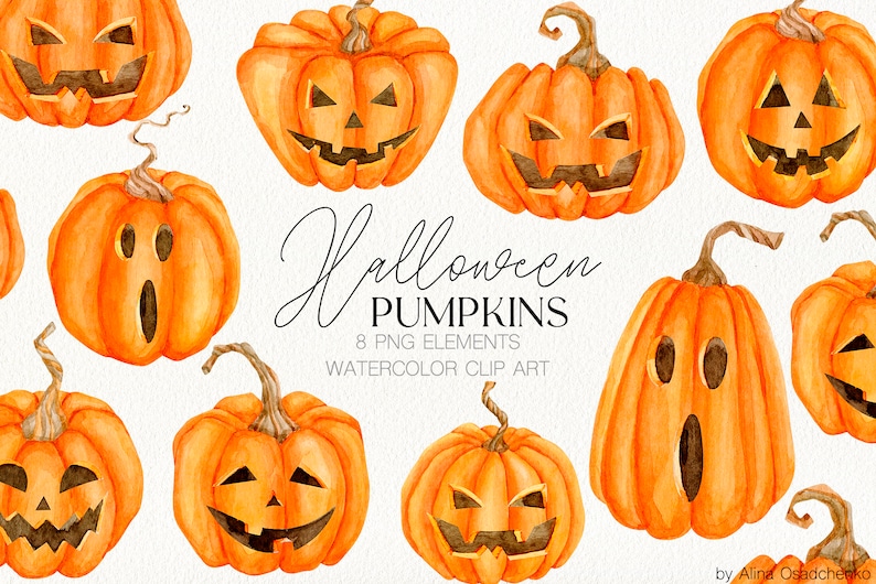 May include: Eight watercolor illustrations of Halloween pumpkins with different facial expressions. The pumpkins are orange with black eyes, noses, and mouths. The text "Halloween Pumpkins" is written in black cursive script below the pumpkins.