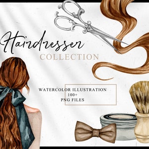 Aquarel kapper kapper winkel clipart. Handgetekende haarstylistillustraties voor de maker van een DIY-logo. Kapper kapperszaak beroep.