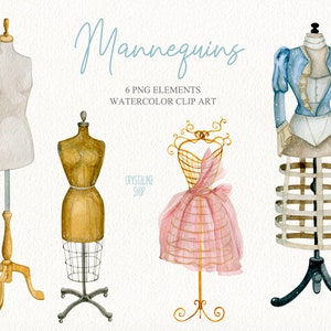 May include: Six watercolor illustrations of different types of mannequins. The mannequins are in various poses and are painted in a realistic style. The illustrations are perfect for use in fashion design, illustration, or other creative projects.