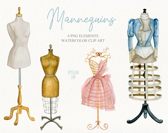Aquarel professionele mode clipart Dressmaking Mannequin voor bruidsdouche Naaien studio logo Tailors dummy Logo maker Jurk vormen