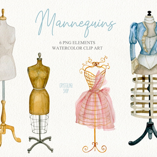 Aquarelle professionnel de mode clipart Dressmaking Mannequin pour la douche nuptiale Couture studio logo Tailors mannequin Logo créateur Vêtements