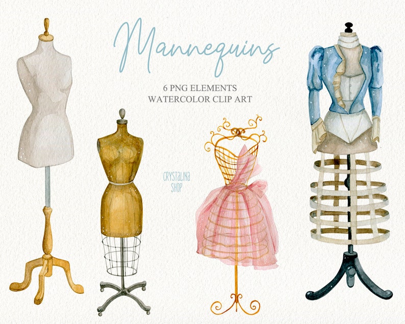 May include: Six watercolor illustrations of different types of mannequins. The mannequins are in various poses and are painted in a realistic style. The illustrations are perfect for use in fashion design, illustration, or other creative projects.