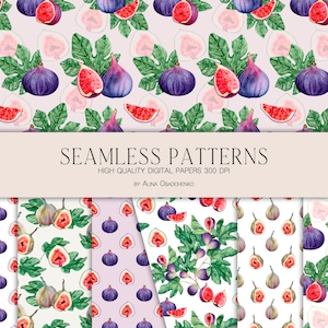 Watercolor figs fruit digital paper pack for scrapbooking. Fruit illustration seamless patterns. Fruit paper pack. Food illustration pattern
