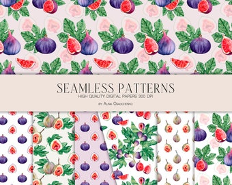 Watercolor figs fruit digital paper pack for scrapbooking. Fruit illustration seamless patterns. Fruit paper pack. Food illustration pattern