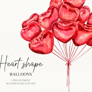 Globos rojos de acuarela forma corazón clipart San Valentín clipart invitaciones de boda gráficos para scrapbook planner pegatinas
