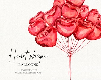 Watercolor red balloons heart shape clipart Valentines day clipart Wedding invitations Graphics for scrapbook planner stickers
