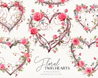 Watercolor floral twig hearts clipart Floral Valentines Day hearts Pastel pink hearts with roses Wedding DIY invitation Digital png clipart
