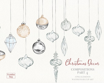 Acuarela Decoraciones del árbol de Navidad clipart Navidad árbol de cristal juguetes decoración para bricolaje diseño dorado y plateado Color invierno Decoración de vacaciones