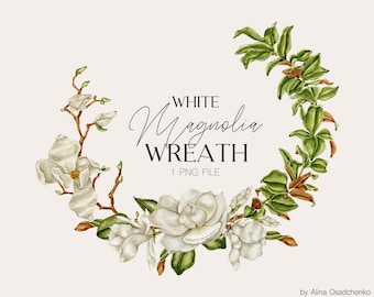 Watercolor white magnolia wreath clipart Floral white wreath clipart Magnolia floral wreath logo png Wedding DIY invitation clipart