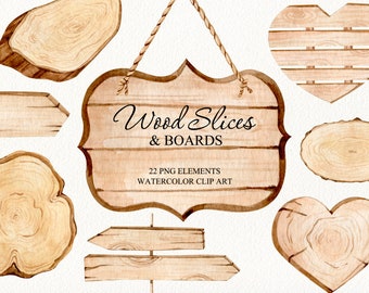 Könnte beinhalten: Ein Set mit 22 Aquarell-PNG-Elementen mit Holzscheiben und Brettern. Die Elemente sind perfekt für Basteln, Scrapbooking und andere kreative Projekte. Das Set enthält eine Vielzahl von Formen und Größen, darunter Herzen, Kreise und Rechtecke.