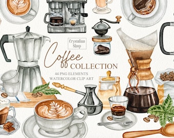 May include: Watercolor illustration of a coffee collection with 44 PNG elements. The illustration includes a variety of coffee brewing equipment, coffee beans, and coffee drinks. The illustration is in a light, whimsical style and features a variety of colors, including brown, beige, and green.