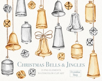Acuarela Campanas navideñas y jingles clipart oro plata Navidad campana dorada para diseño de bricolaje Decoración navideña clipart Regreso a la escuela