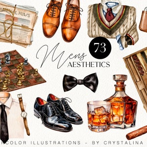 Clipart estetica maschile dell'acquerello Disegnato a mano Creatore di carte fai da te per la festa del papà Moda gentiluomo clip art digitale acquerello Accessori da uomo