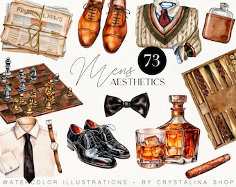 Watercolor Men's aesthetics clipart Hand drawn Father's Day DIY card creator Gentleman fashion watercolor digital clip art Men's Accessories