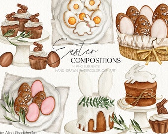 Watercolor Easter sweets compositions clipart illustration Easter chocolate bunny and eggs png Easter bread clipart Delicious Easter food
