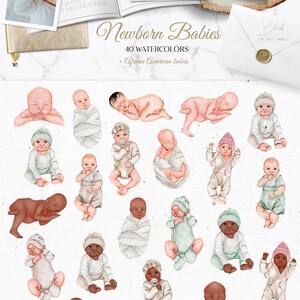 Op de afbeelding: Een set van 40 aquarel illustraties van pasgeboren baby's, inclusief Afro-Amerikaanse baby's. De illustraties zijn in verschillende poses, waaronder slapen, gewikkeld en wakker. De illustraties zijn perfect voor het maken van babykaartjes, uitnodigingen en andere projecten.