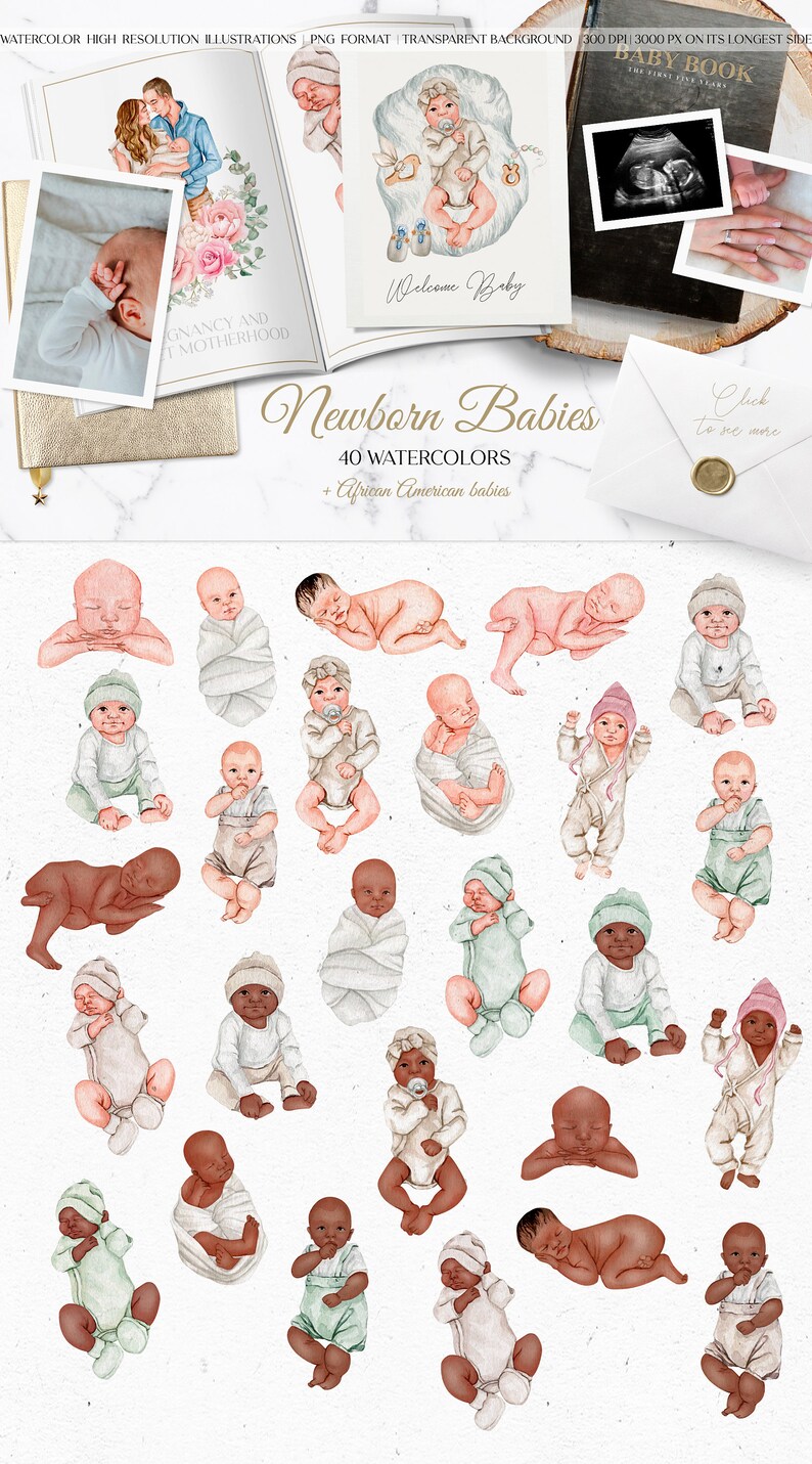 Op de afbeelding: Een set van 40 aquarel illustraties van pasgeboren baby's, inclusief Afro-Amerikaanse baby's. De illustraties zijn in verschillende poses, waaronder slapen, gewikkeld en wakker. De illustraties zijn perfect voor het maken van babykaartjes, uitnodigingen en andere projecten.
