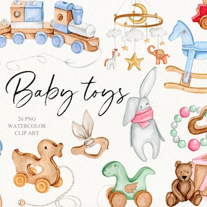 Clipart de brinquedos para bebês de madeira em aquarela. Clipart de chá de bebê. Clipart de berçário. Clipart DIY de bebê de aniversário. Acessórios infantis fofos para recém-nascidos.