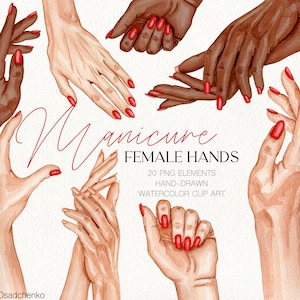 Aquarell trendige Maniküre weibliche Hände Clipart. Rote Nägel Maniküre Illustrationen. Logo Nagel techniker DIY Schöpfer. Nageldesign Salon Clipart
