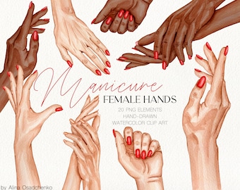 Watercolor trendy manicure female hands clipart. Red nails manicure illustrations. Nail tech logo DIY creator. Nail business salon clipart