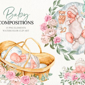 Watercolor newborn baby compositions clipart. Baby shower invitations clipart. Nursery decor clipart. Kids nursery decor printable